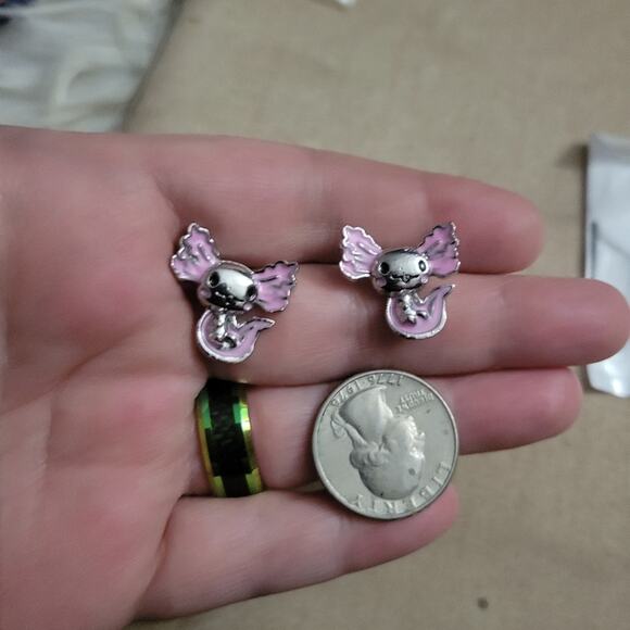 Axolotl earrings, silver & pink post/stud - Picture 3 of 3